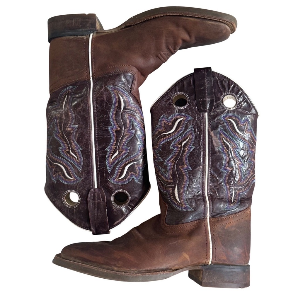 Old West Mens Brown Leather Square Toe Cowboy Boots Size 6D Western Womens 8.5